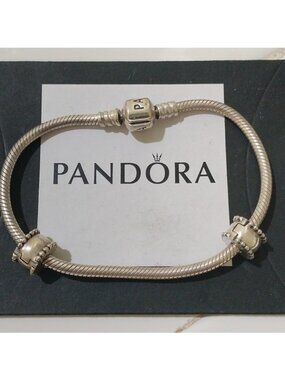 Pandora Sterling Silver 7" Snakechain Starter Bracelet w/2 Beveled Clips 790267